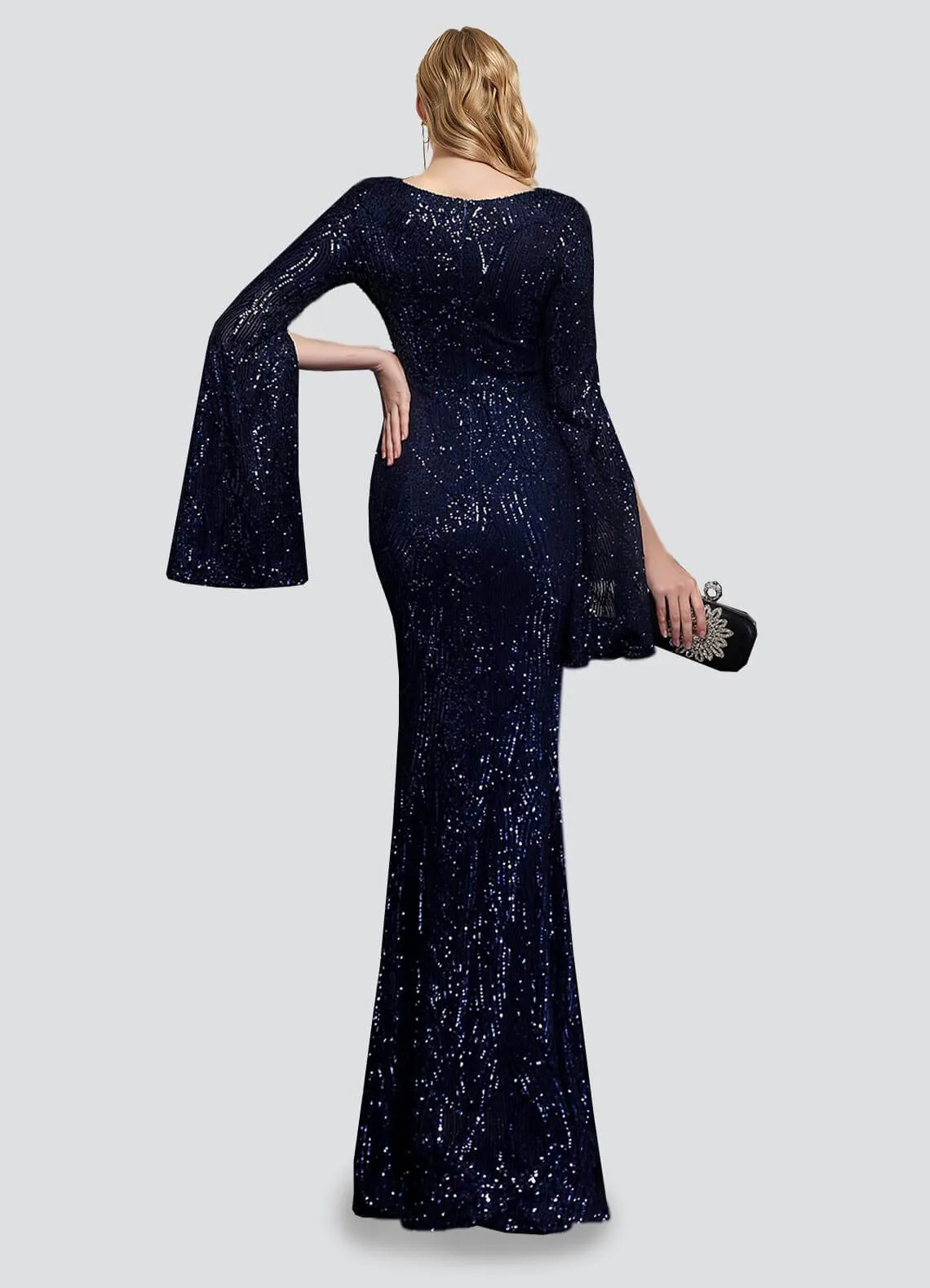 [Final Sale] Navy Blue V-Neck Long Slit Sleeves Sequin Floor Length Mermaid Dress