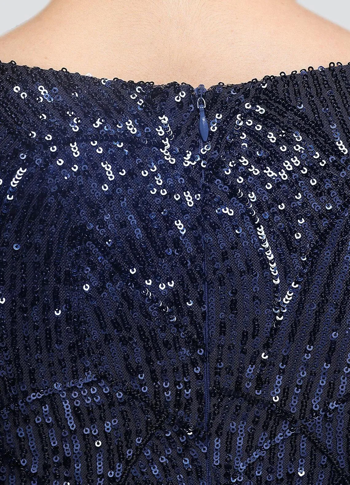 [Final Sale] Navy Blue V-Neck Long Slit Sleeves Sequin Floor Length Mermaid Dress