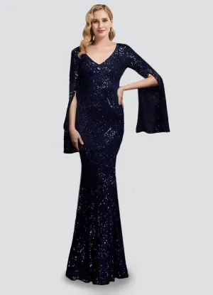 [Final Sale] Navy Blue V-Neck Long Slit Sleeves Sequin Floor Length Mermaid Dress
