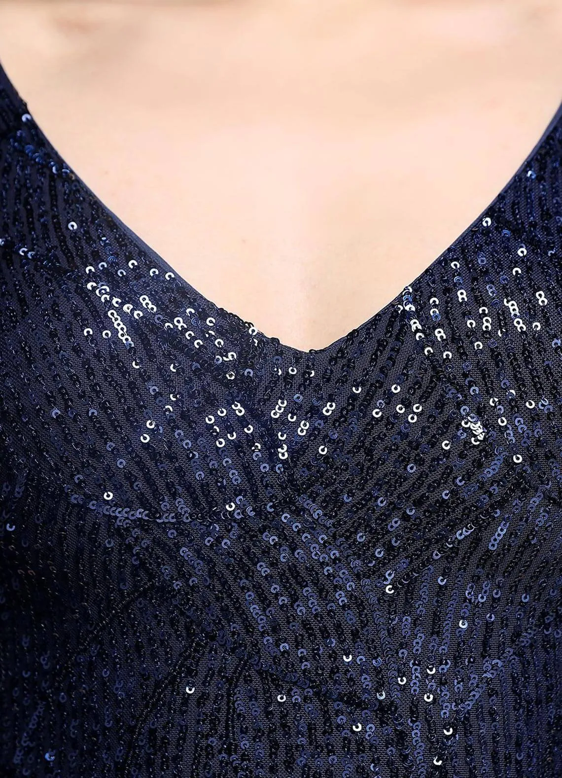 [Final Sale] Navy Blue V-Neck Long Slit Sleeves Sequin Floor Length Mermaid Dress