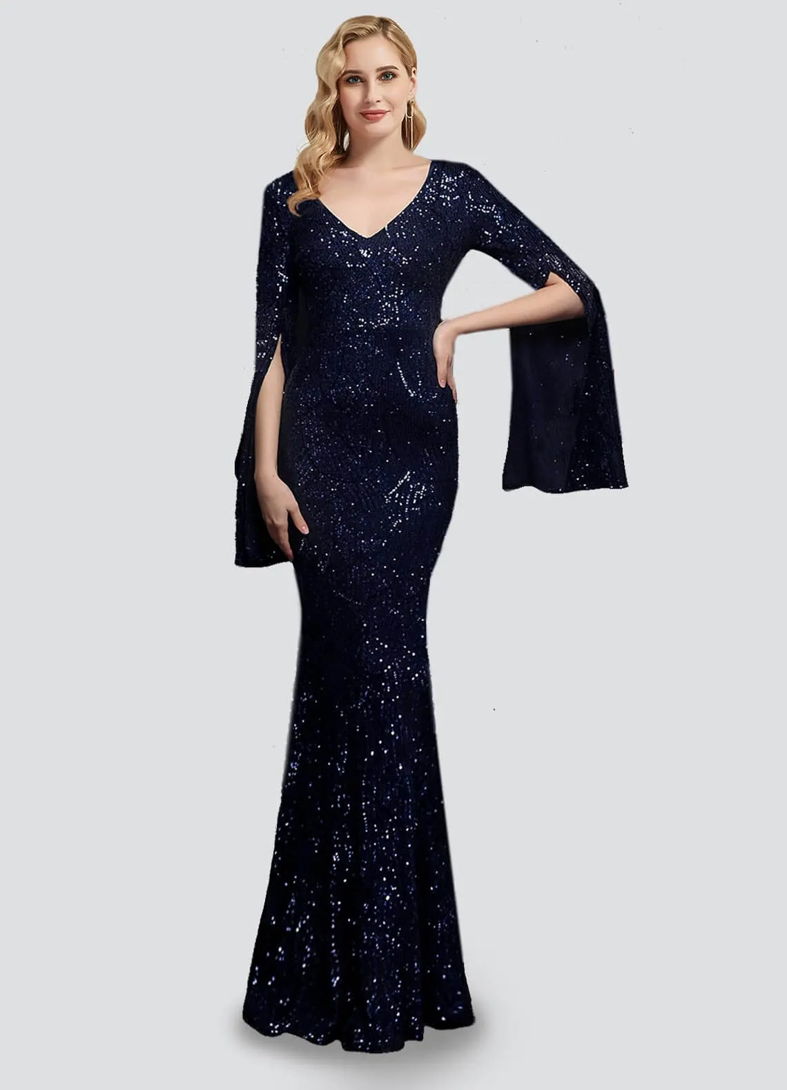 [Final Sale] Navy Blue V-Neck Long Slit Sleeves Sequin Floor Length Mermaid Dress