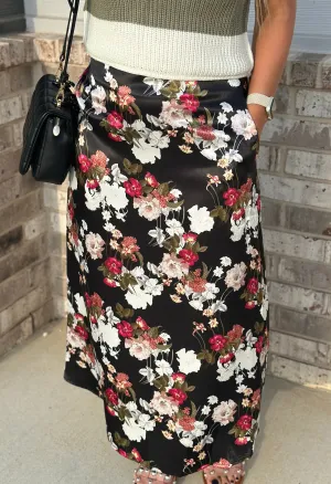 Floral Satin Midi Skirt