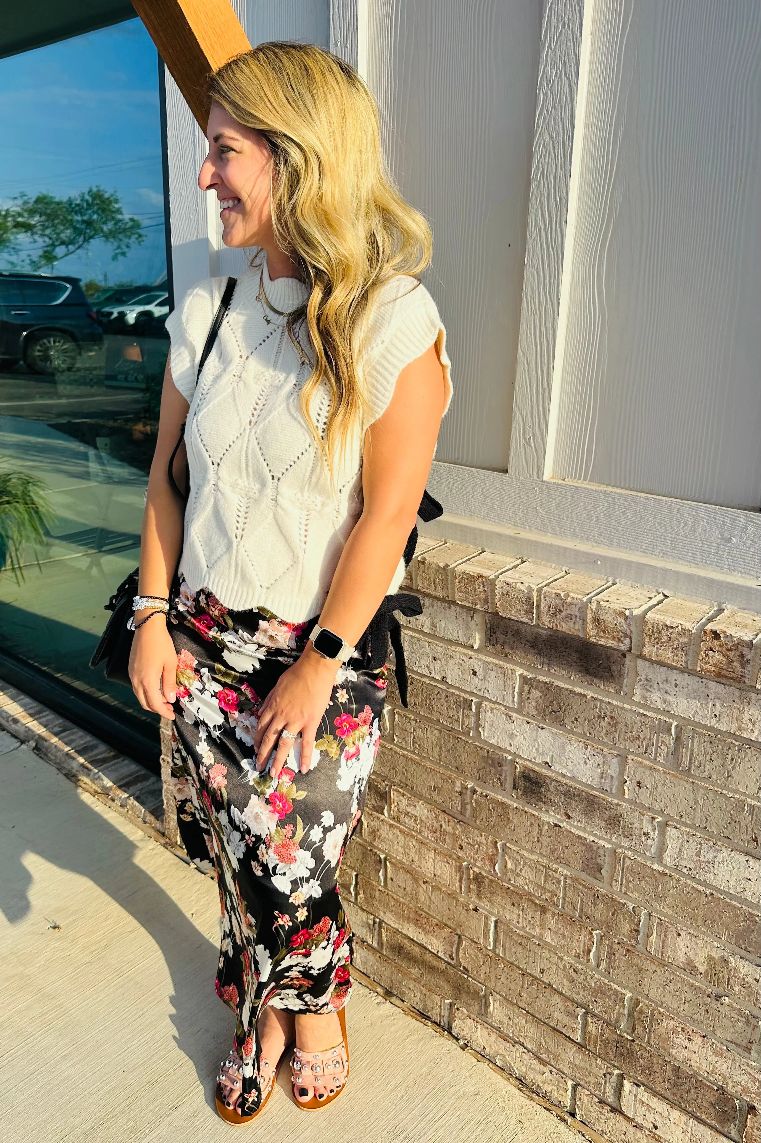Floral Satin Midi Skirt