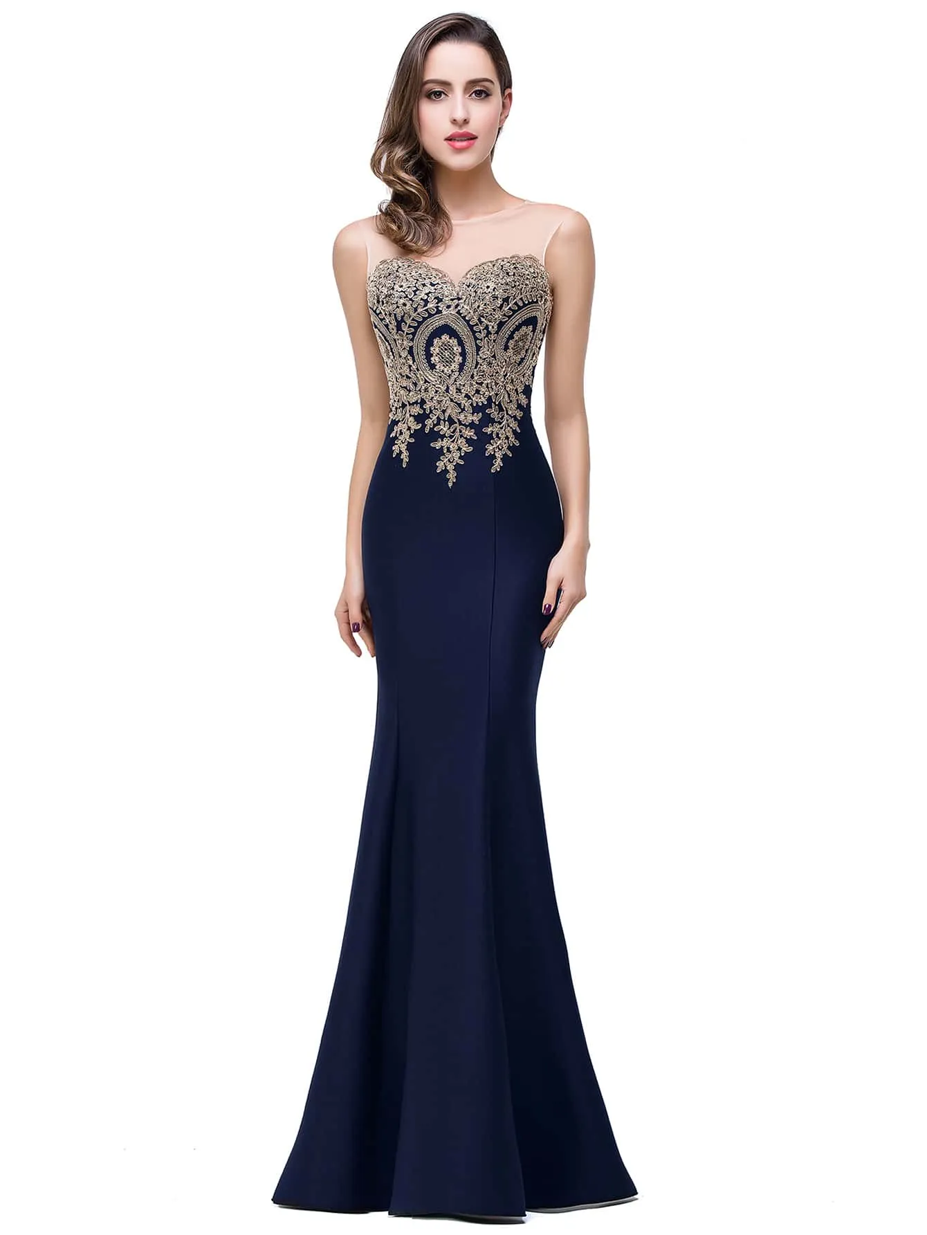 Flower Embroidered Cut Out Back Mermaid Hem Dress