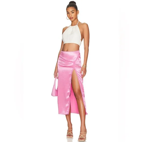Free People Dakota Satin Midi Skirt in Pink