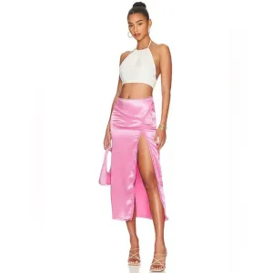 Free People Dakota Satin Midi Skirt in Pink