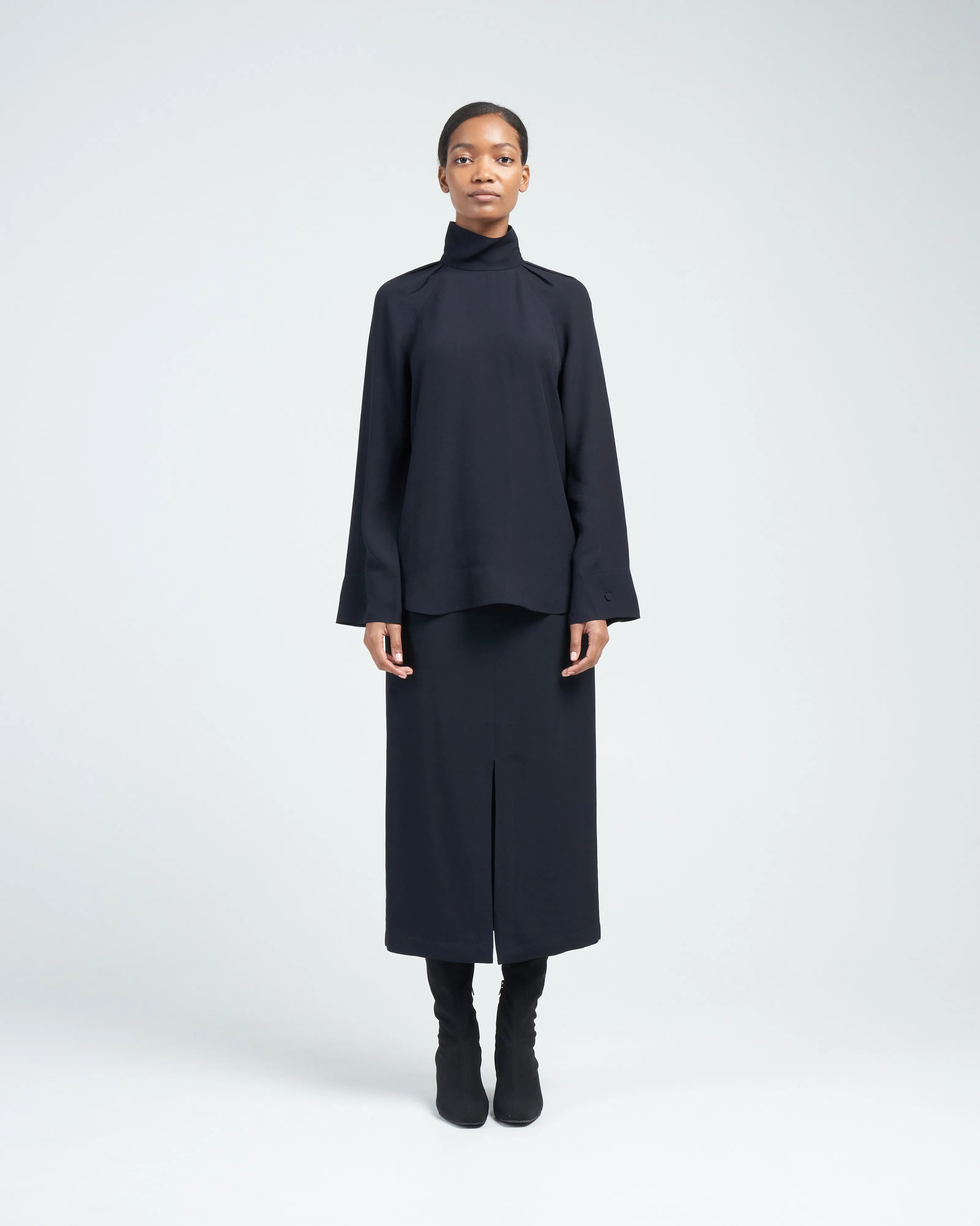 front-split satin midi skirt - navy