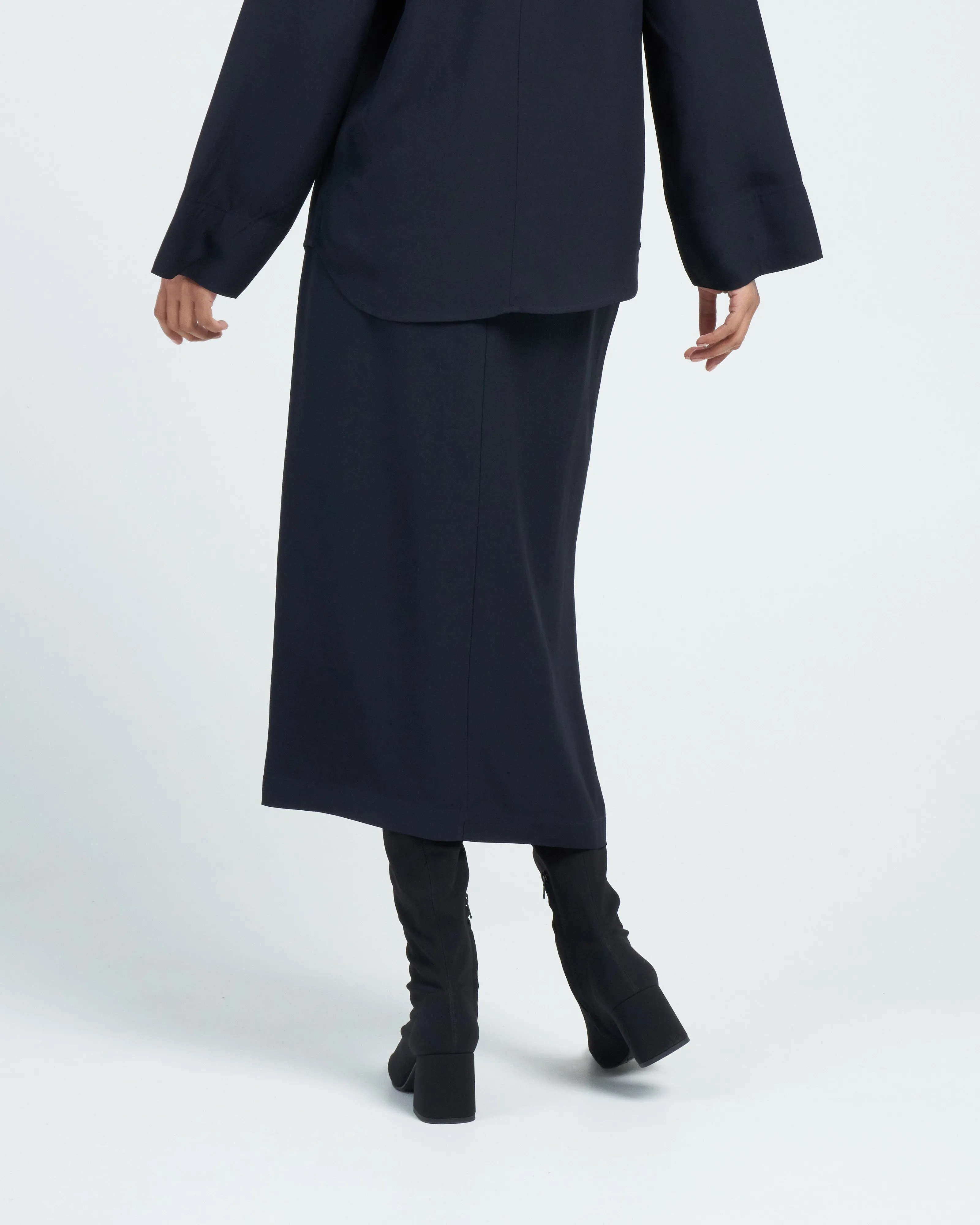front-split satin midi skirt - navy