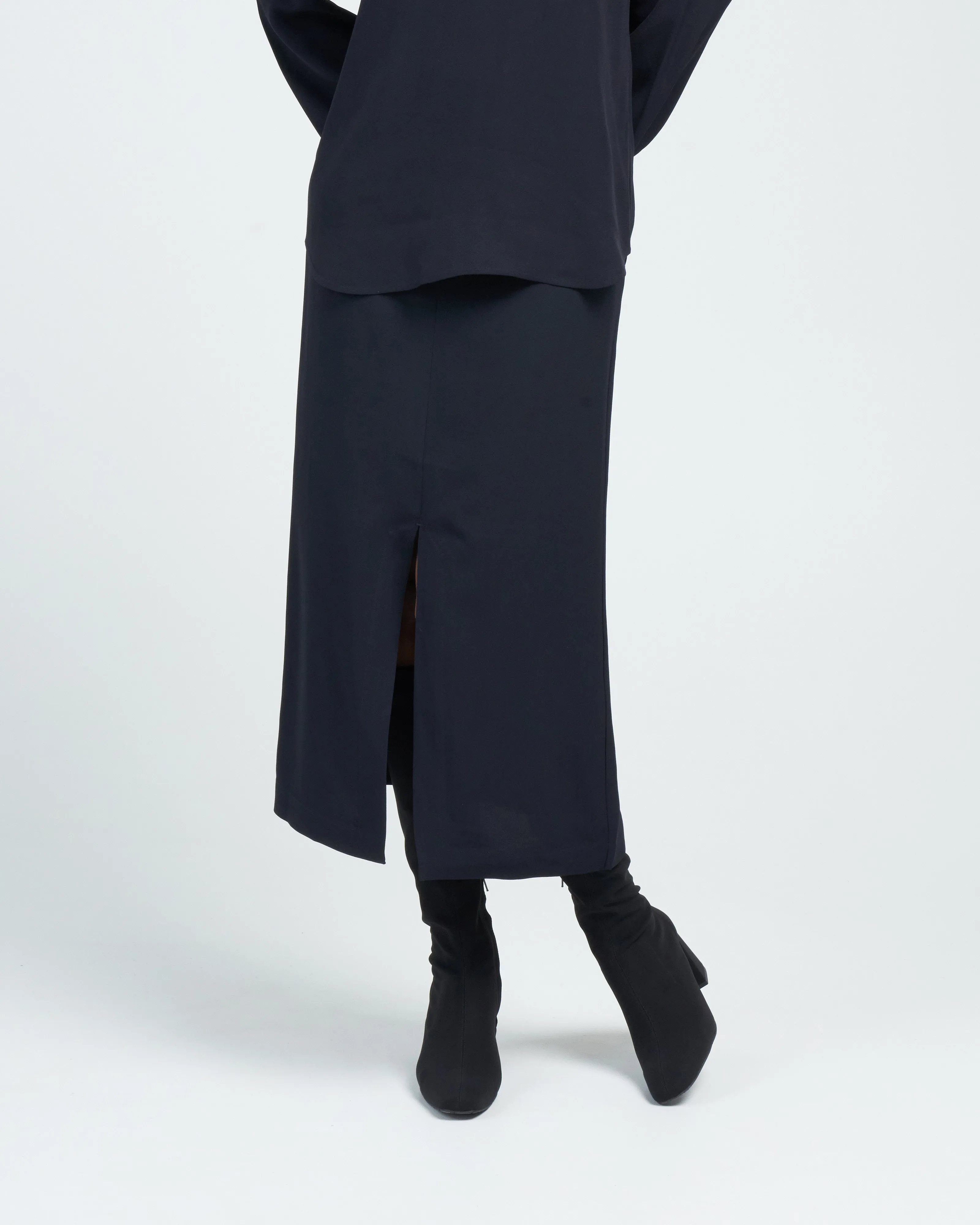 front-split satin midi skirt - navy