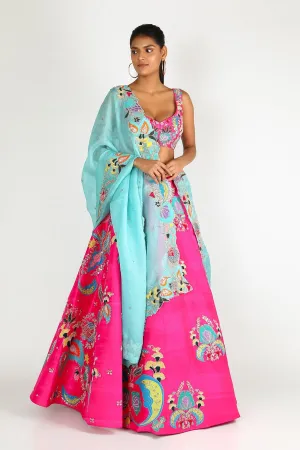 Fuschia Pink Nadenka Raw Silk Appliquéd And Embellished Lehenga With Blouse And Cutwork Tulle Dupatta