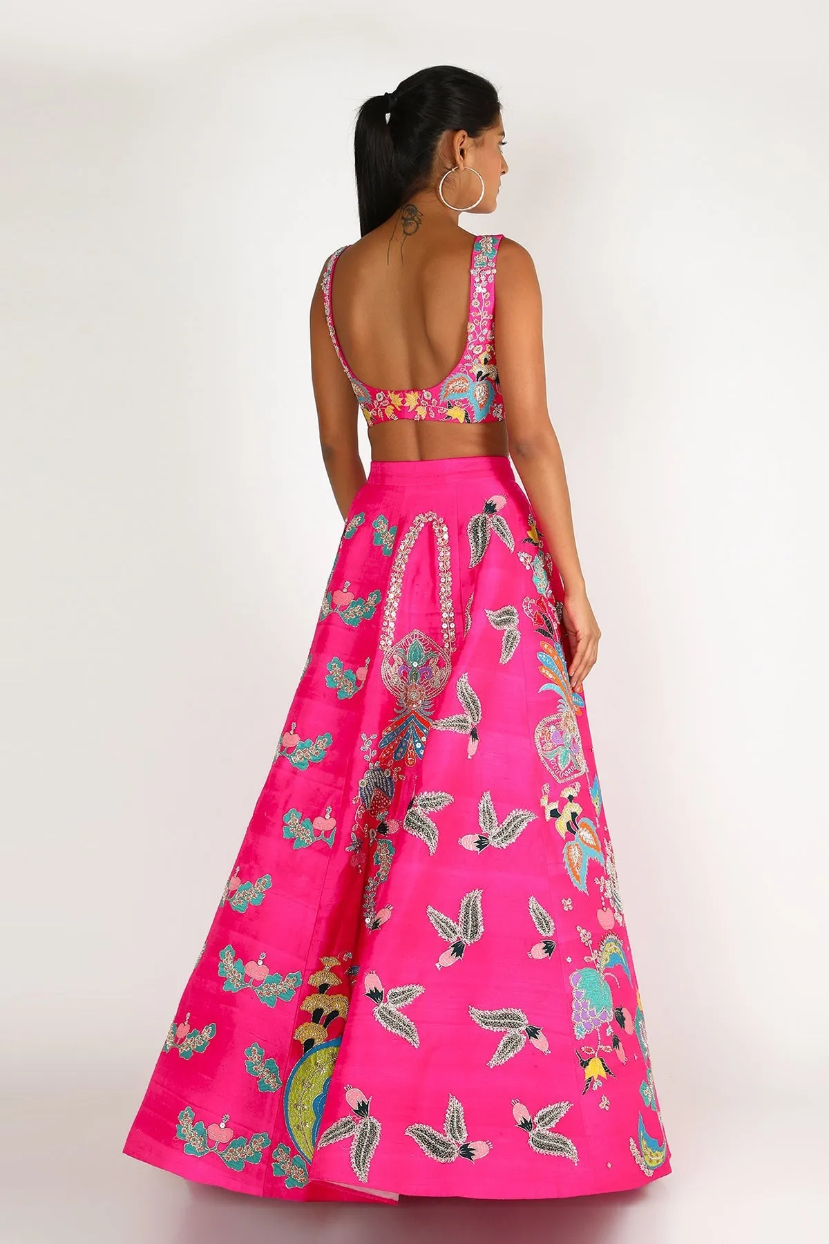 Fuschia Pink Nadenka Raw Silk Appliquéd And Embellished Lehenga With Blouse And Cutwork Tulle Dupatta