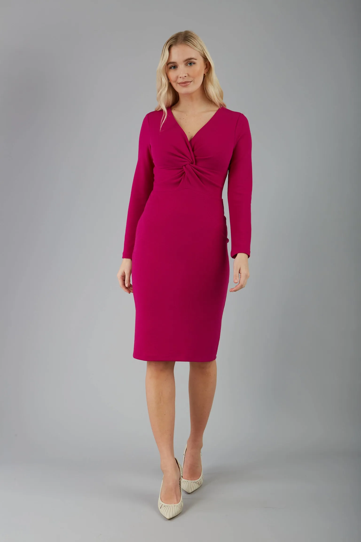 Gately Long Sleeve Twisted Low V-Neck Pencil Dress