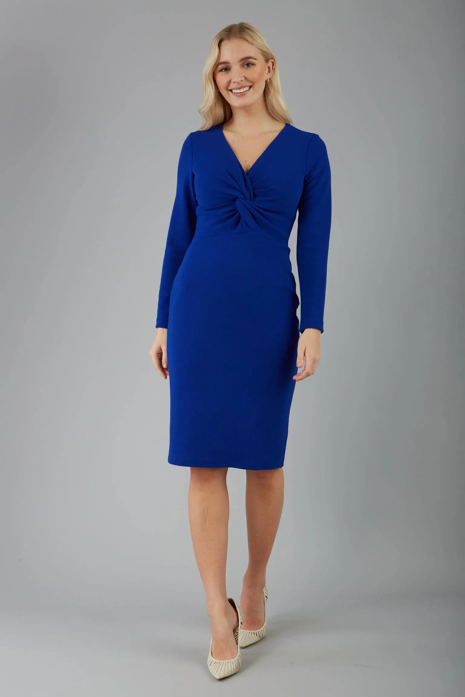 Gately Long Sleeve Twisted Low V-Neck Pencil Dress