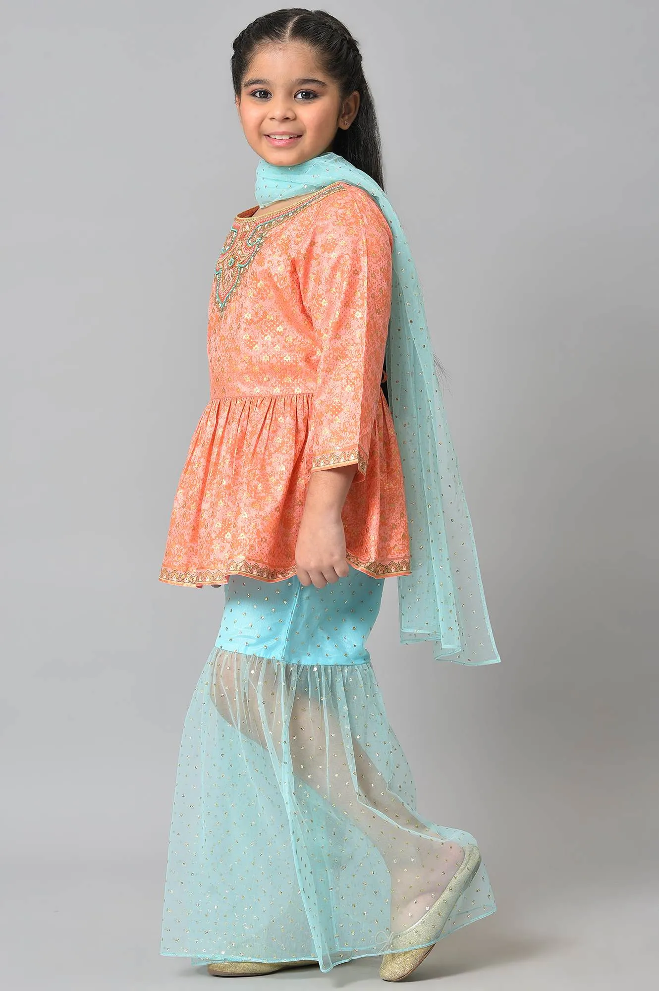 Girls Peach Kuchai Silk Top With Blue Gathered Sharara And Dupatta