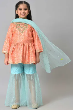 Girls Peach Kuchai Silk Top With Blue Gathered Sharara And Dupatta