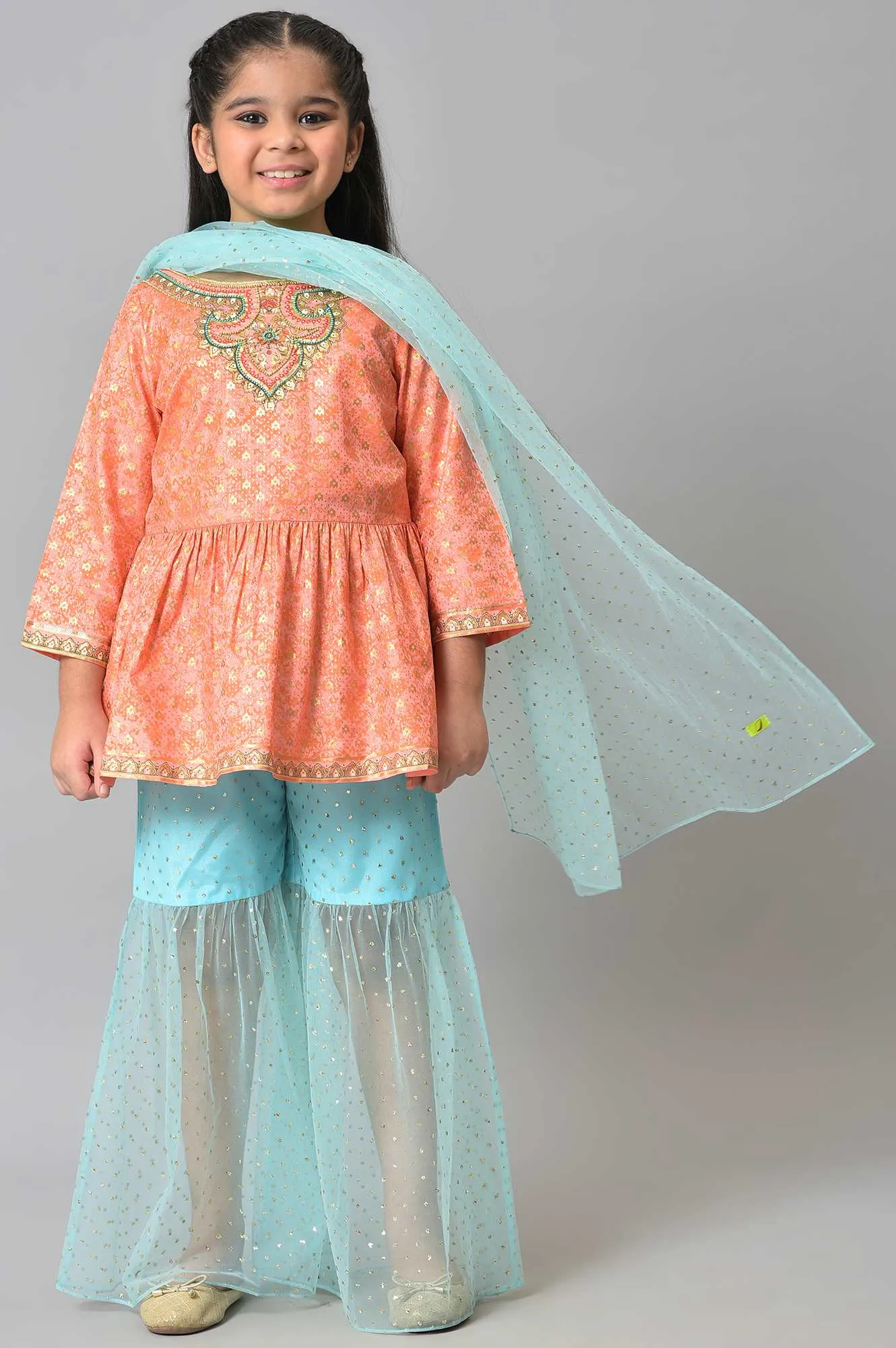Girls Peach Kuchai Silk Top With Blue Gathered Sharara And Dupatta