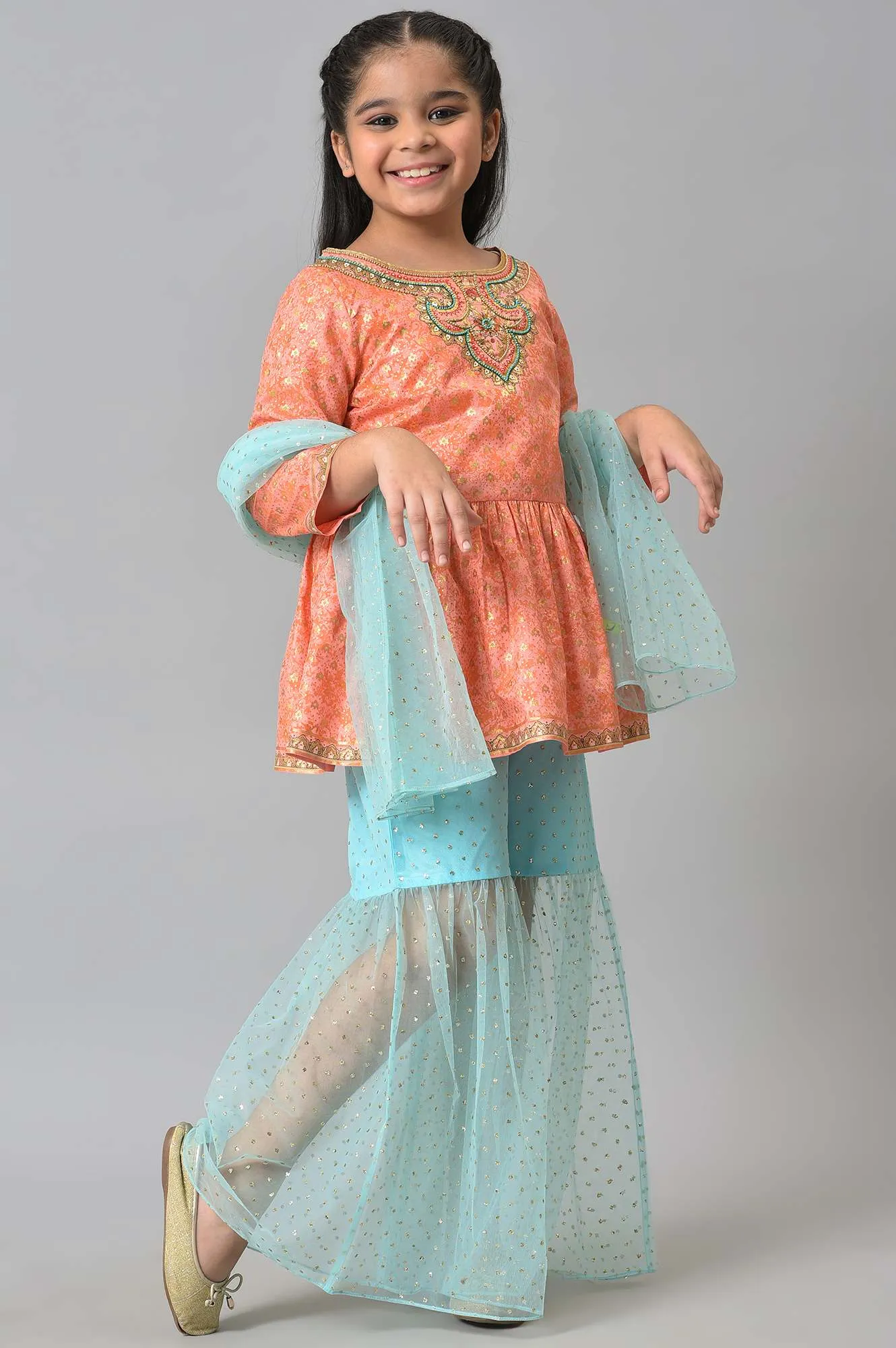 Girls Peach Kuchai Silk Top With Blue Gathered Sharara And Dupatta