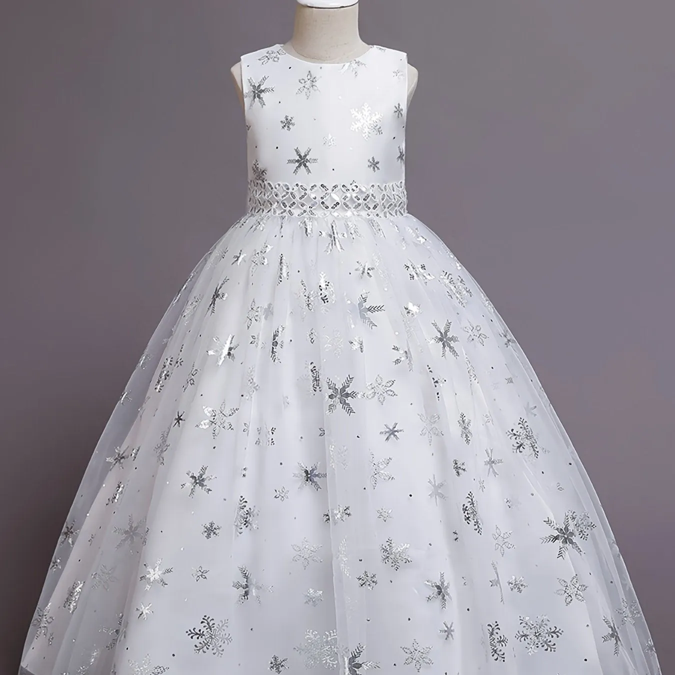 Girls Princess Dress with Mesh Hem and Snowflake Print