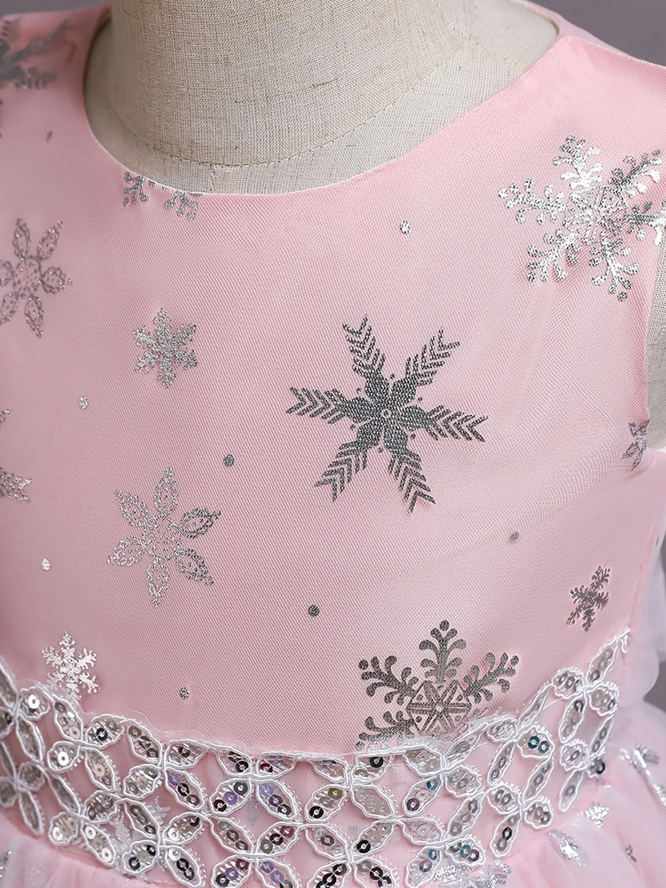 Girls Princess Dress with Mesh Hem and Snowflake Print