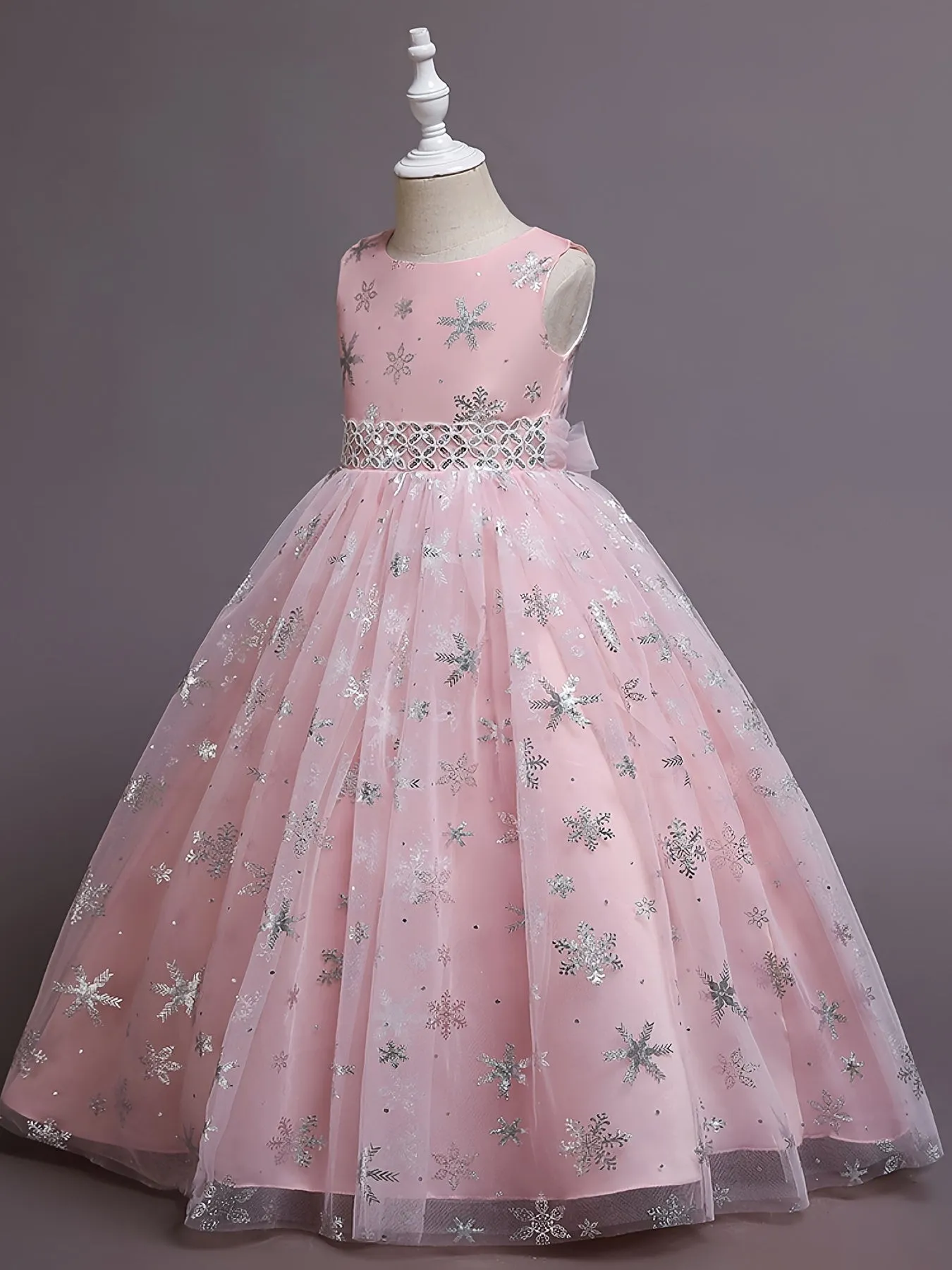 Girls Princess Dress with Mesh Hem and Snowflake Print