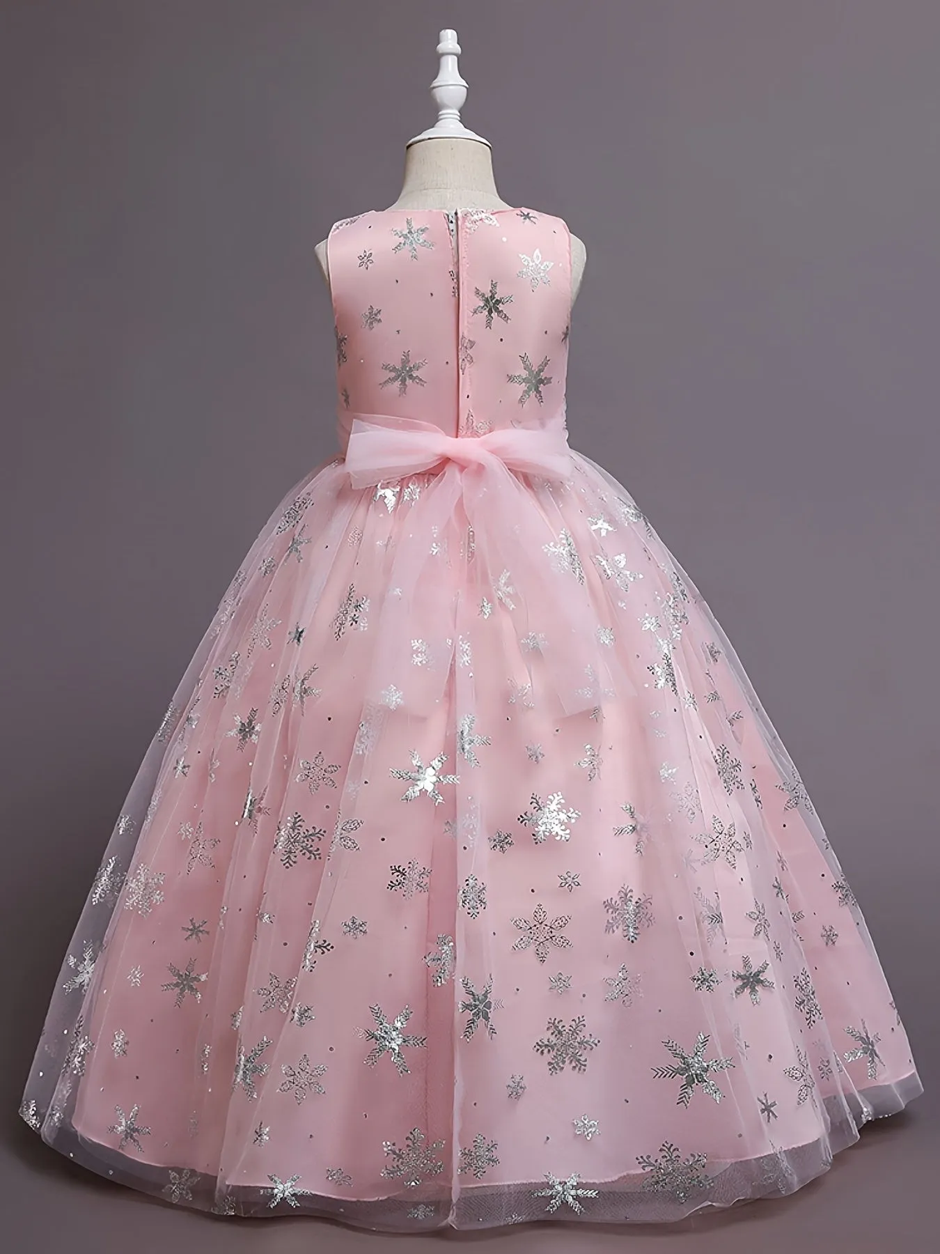 Girls Princess Dress with Mesh Hem and Snowflake Print