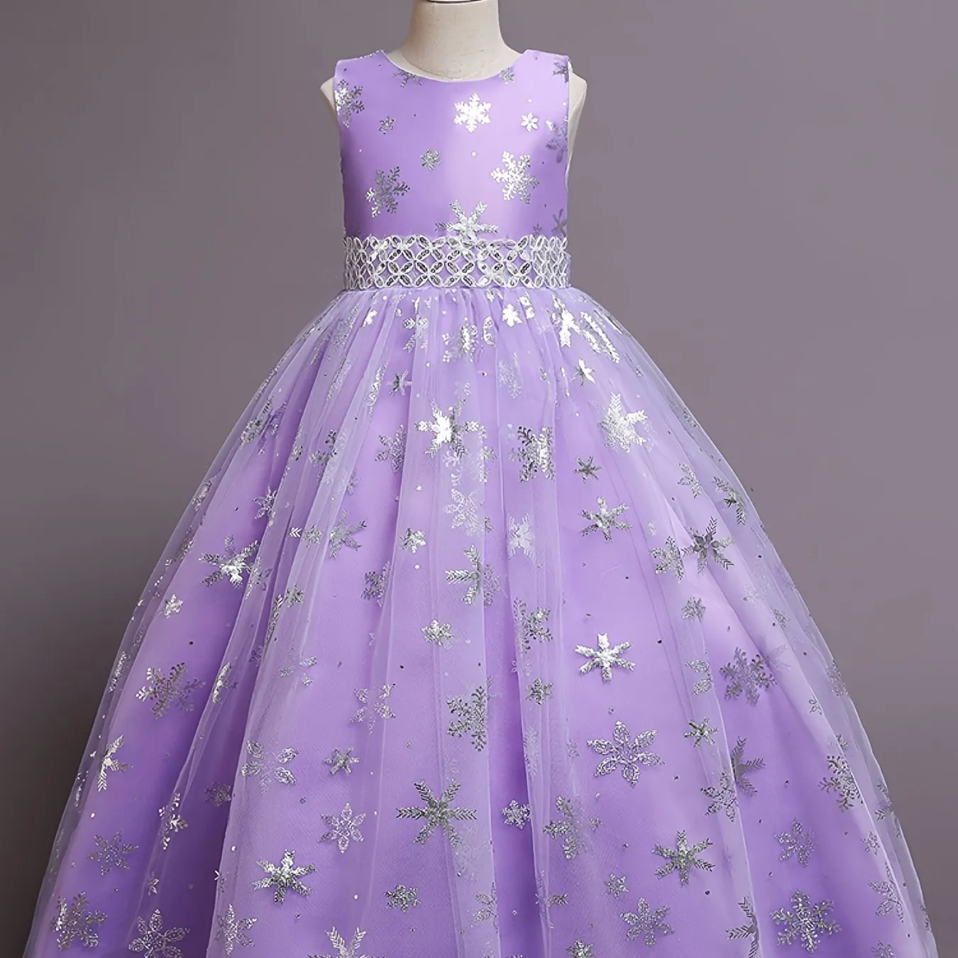 Girls Princess Dress with Mesh Hem and Snowflake Print