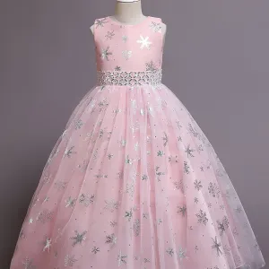 Girls Princess Dress with Mesh Hem and Snowflake Print