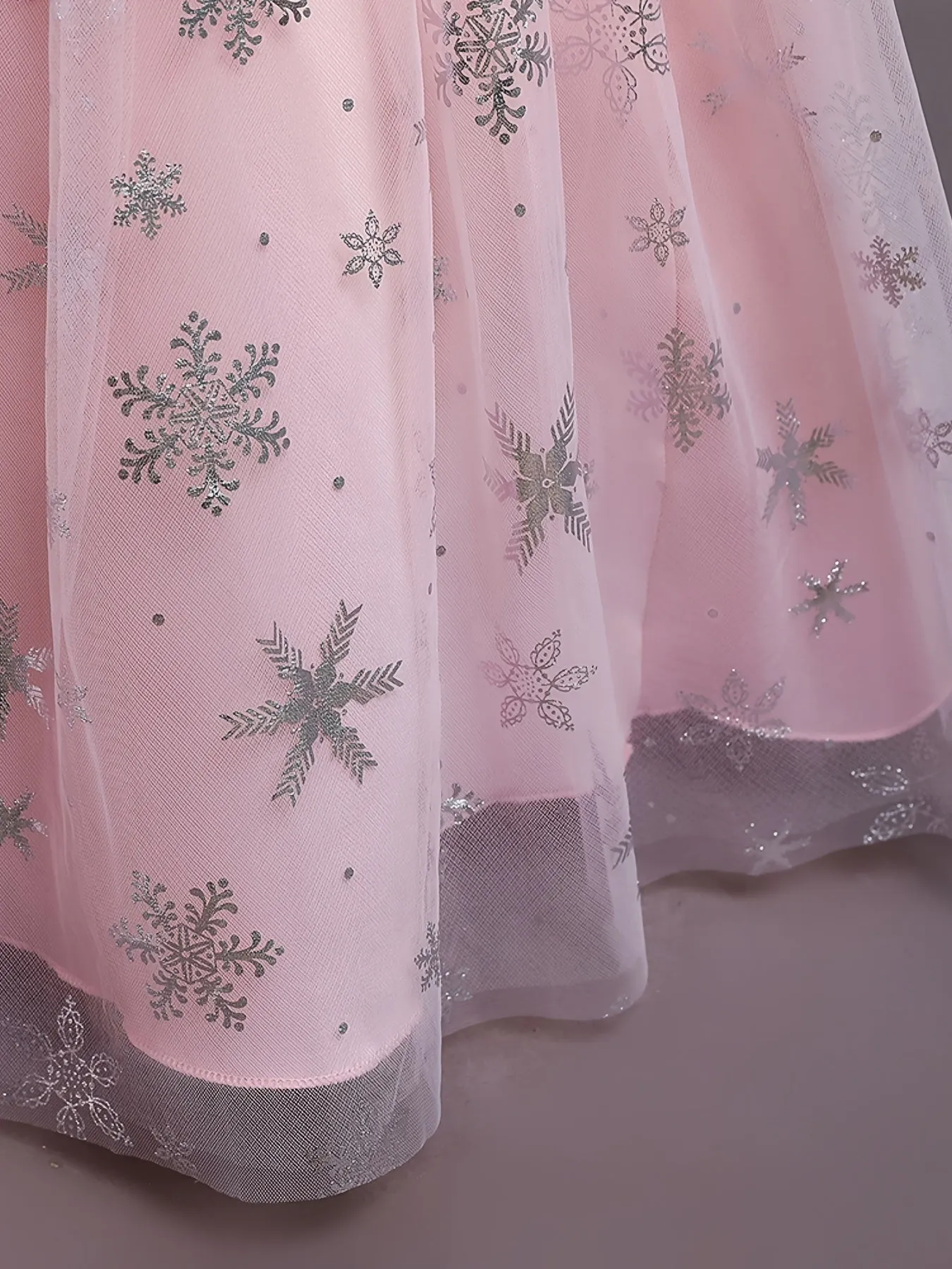 Girls Princess Dress with Mesh Hem and Snowflake Print