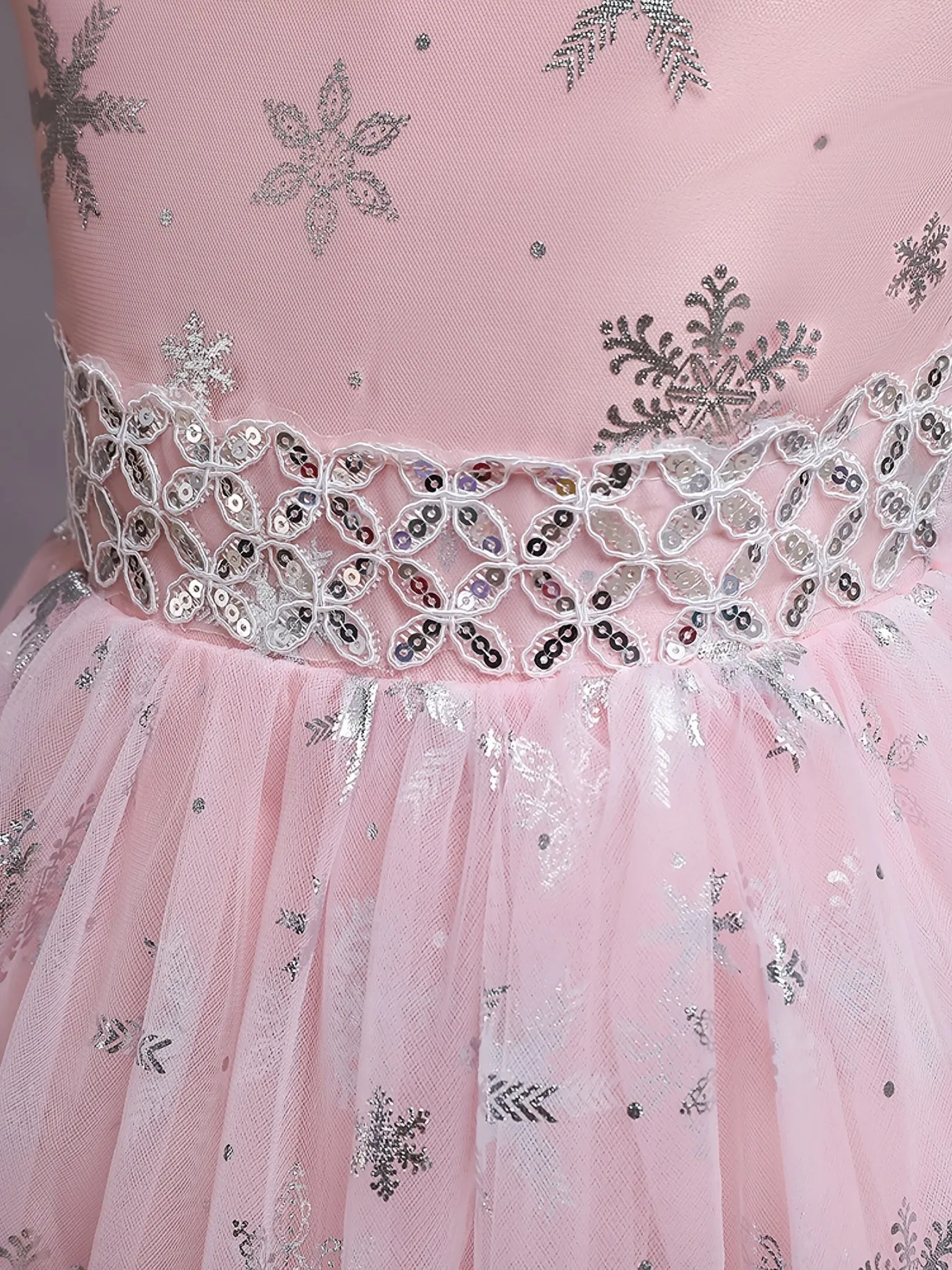 Girls Princess Dress with Mesh Hem and Snowflake Print