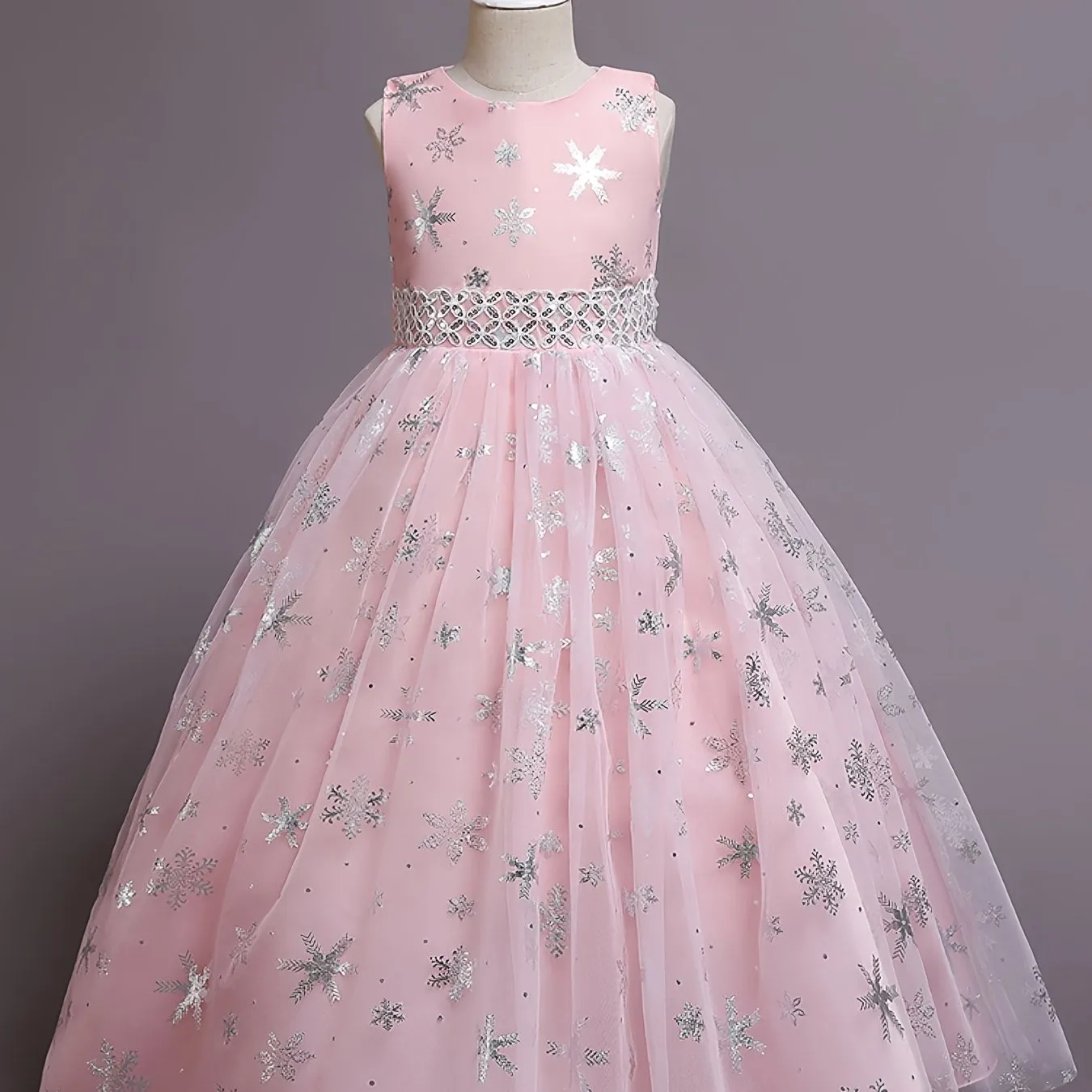 Girls Princess Dress with Mesh Hem and Snowflake Print