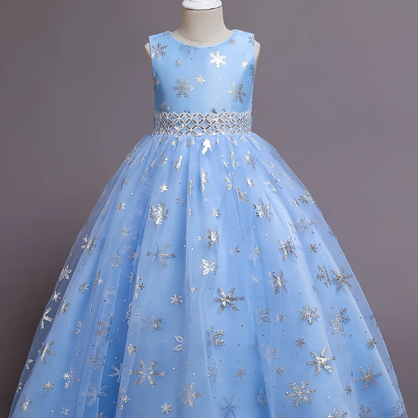 Girls Princess Dress with Mesh Hem and Snowflake Print