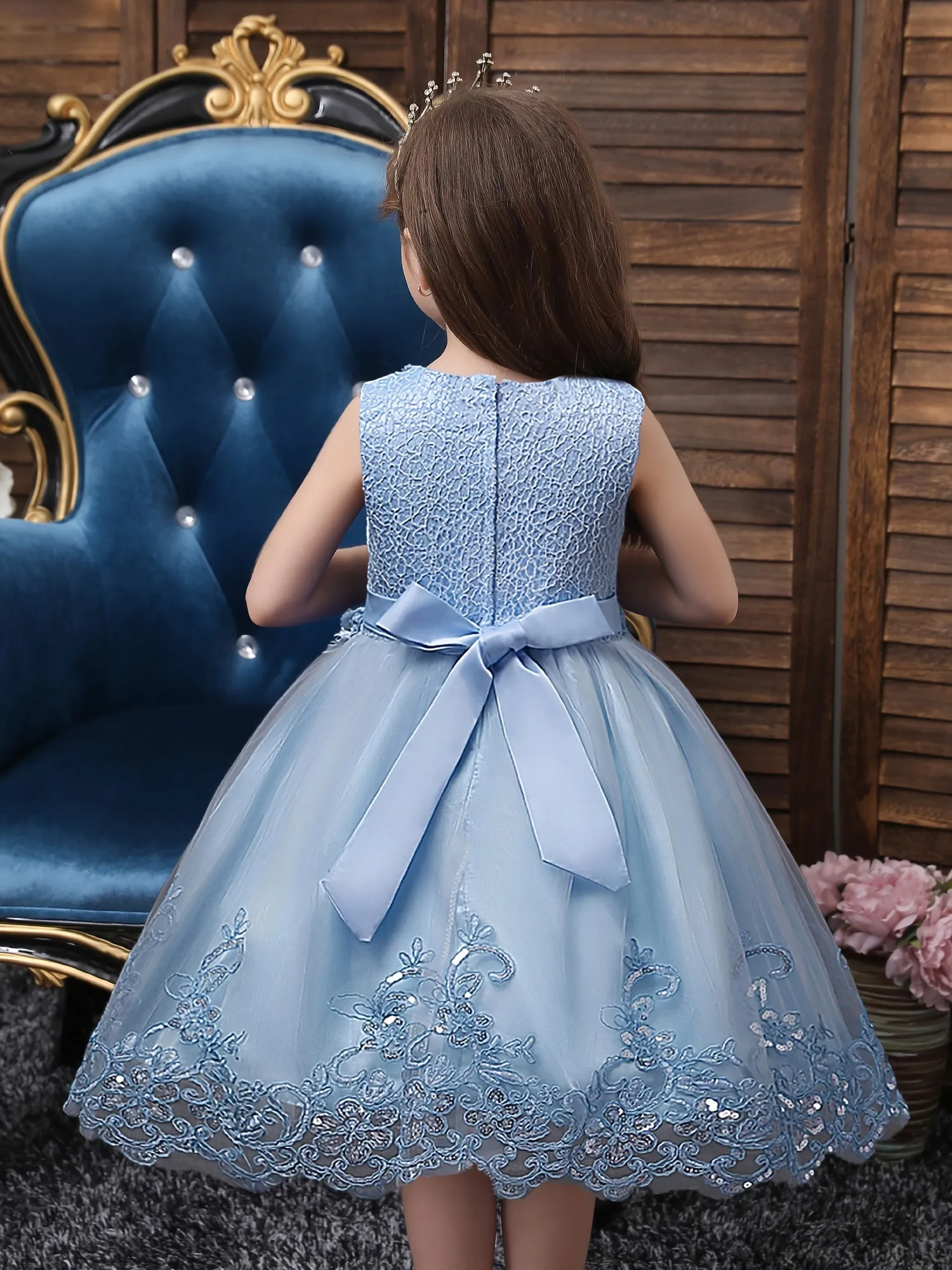 Girls Princess Sleeveless Tutu Dress with Flower Embroidery