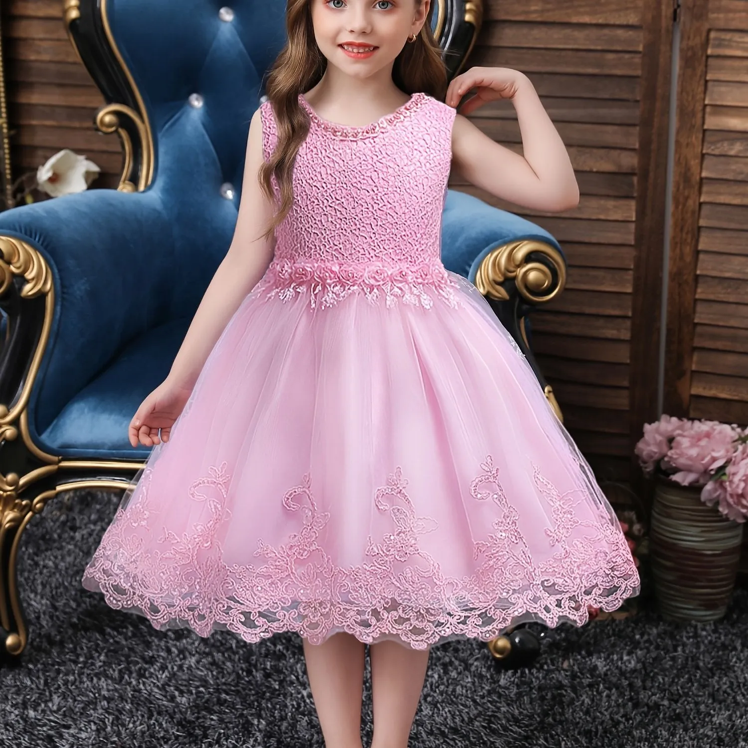 Girls Princess Sleeveless Tutu Dress with Flower Embroidery