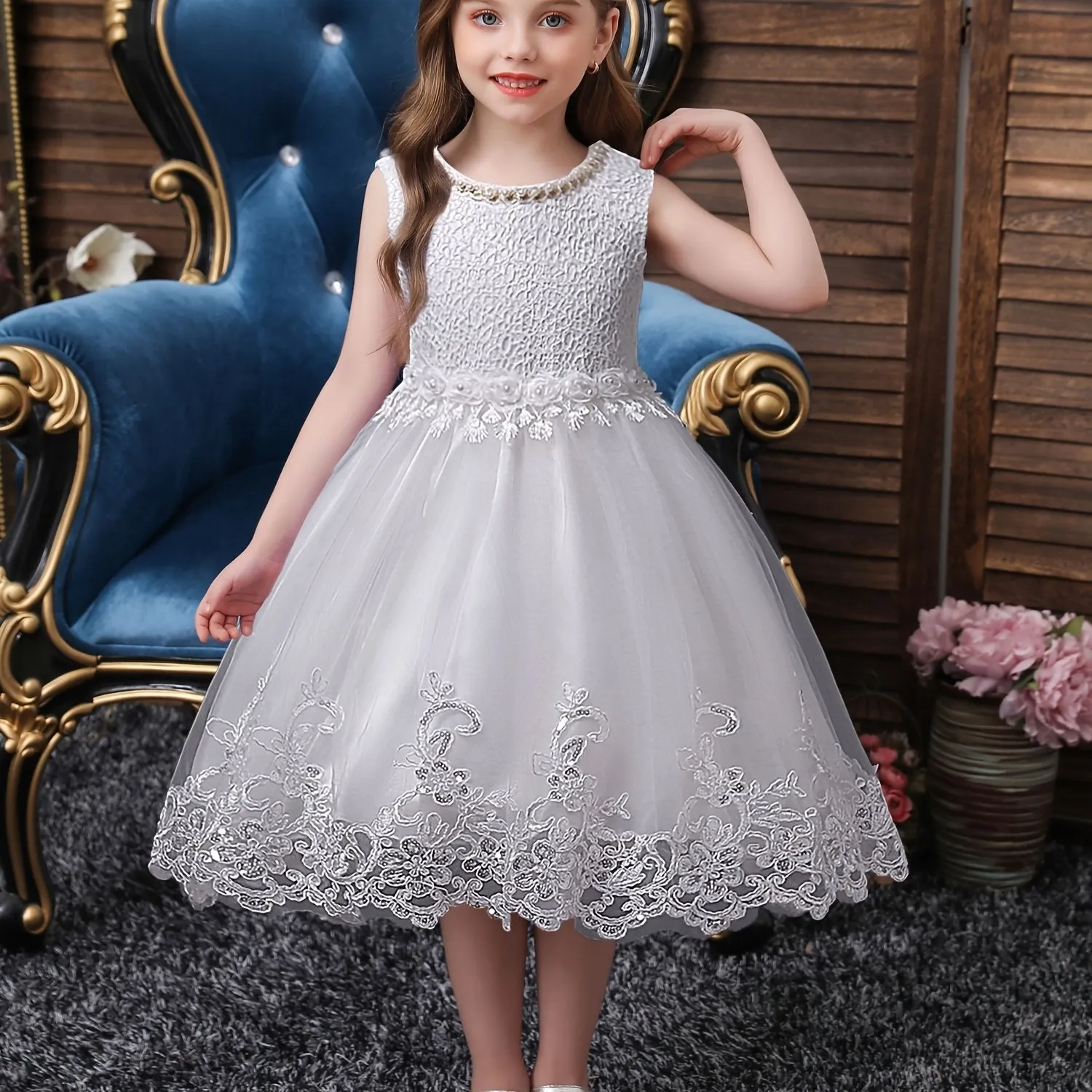 Girls Princess Sleeveless Tutu Dress with Flower Embroidery