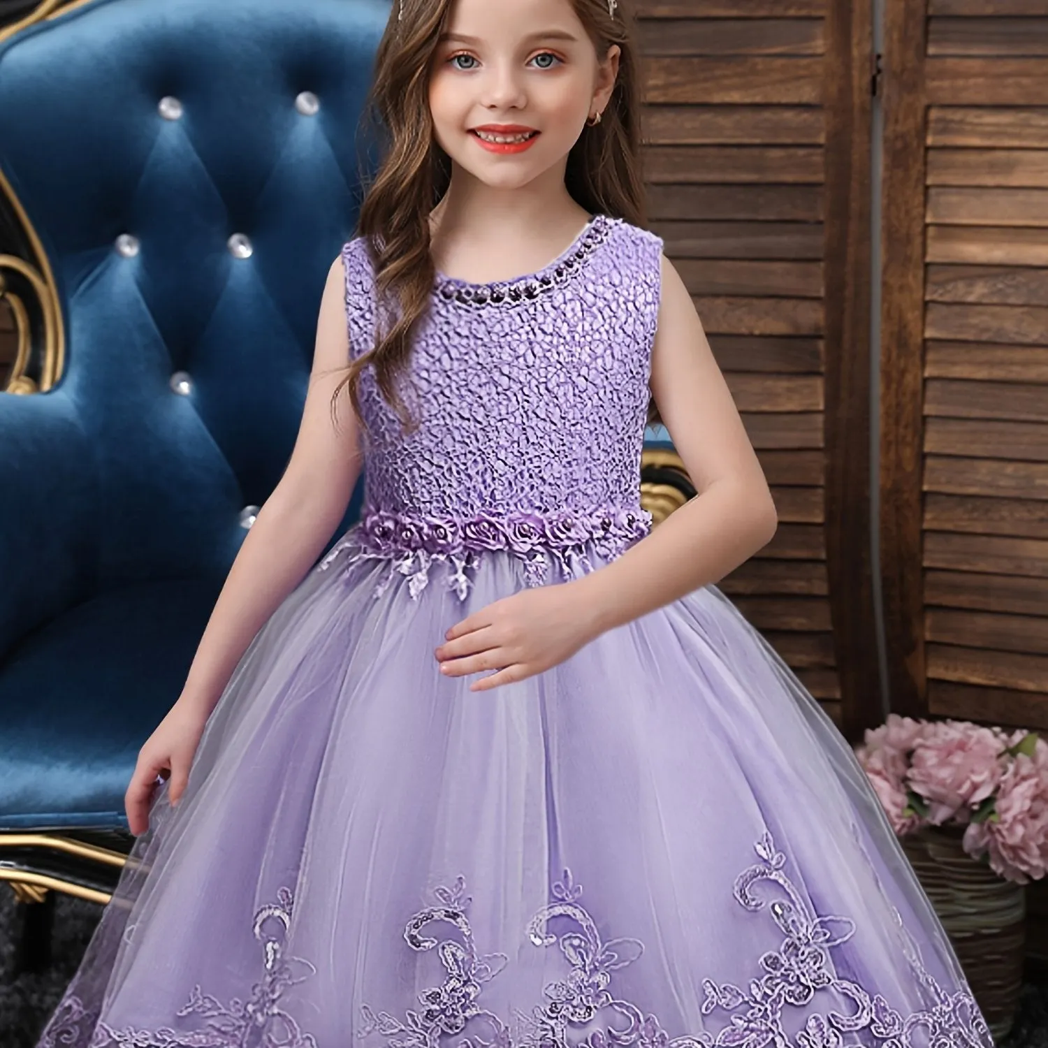 Girls Princess Sleeveless Tutu Dress with Flower Embroidery