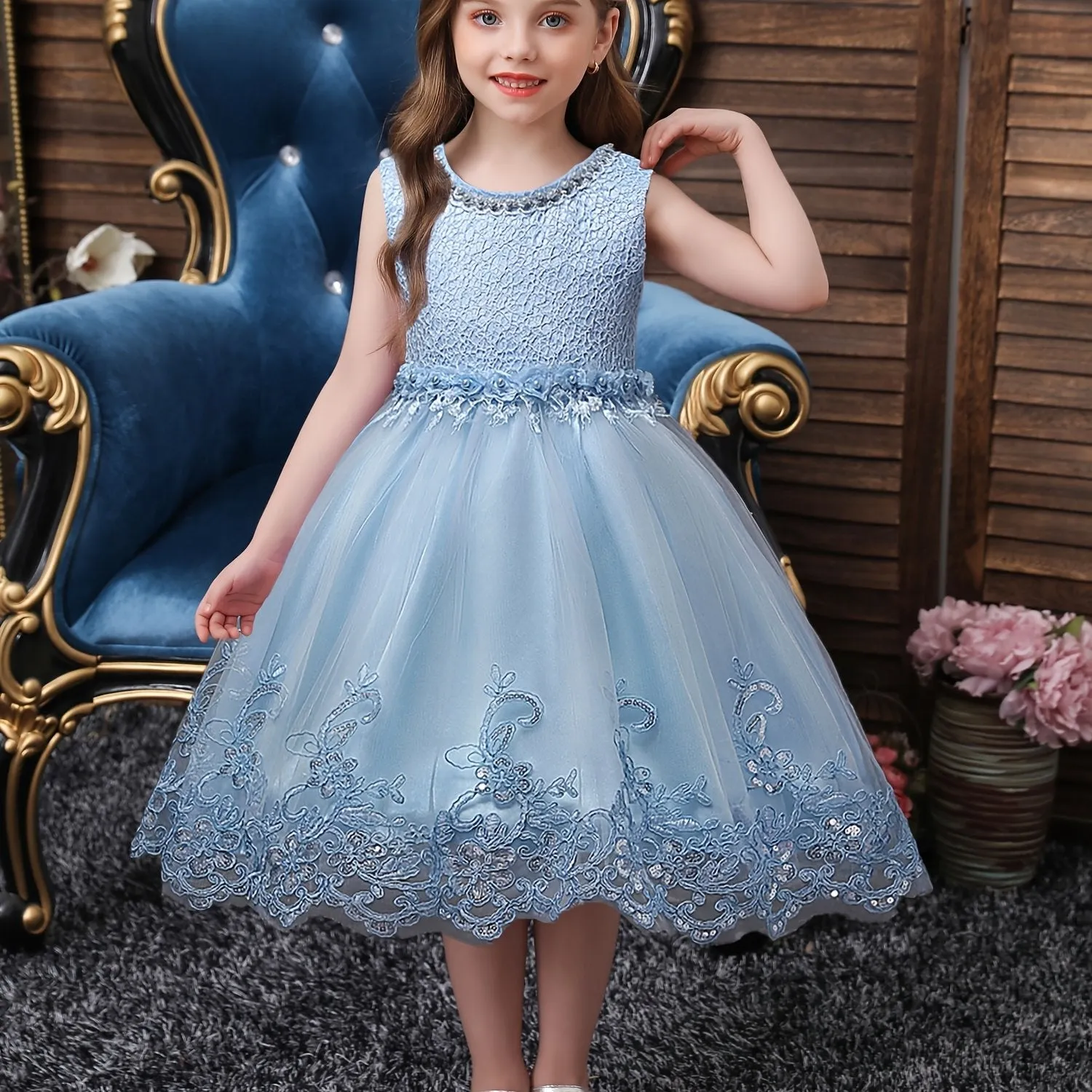 Girls Princess Sleeveless Tutu Dress with Flower Embroidery