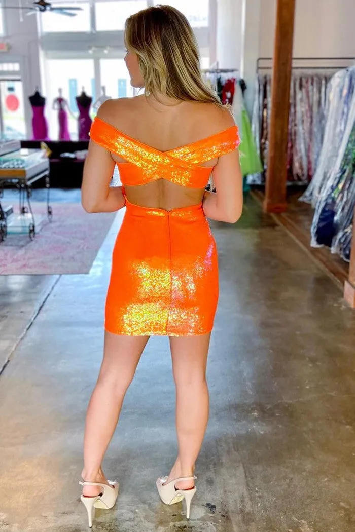 Glitter Off the Shoulder Orange Sequins Mini Party Dress