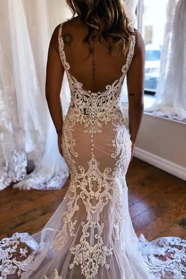 Gorgeous Tulle Mermaid Deep V-neck Wedding Dresses With Appliques, MW1090