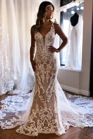 Gorgeous Tulle Mermaid Deep V-neck Wedding Dresses With Appliques, MW1090