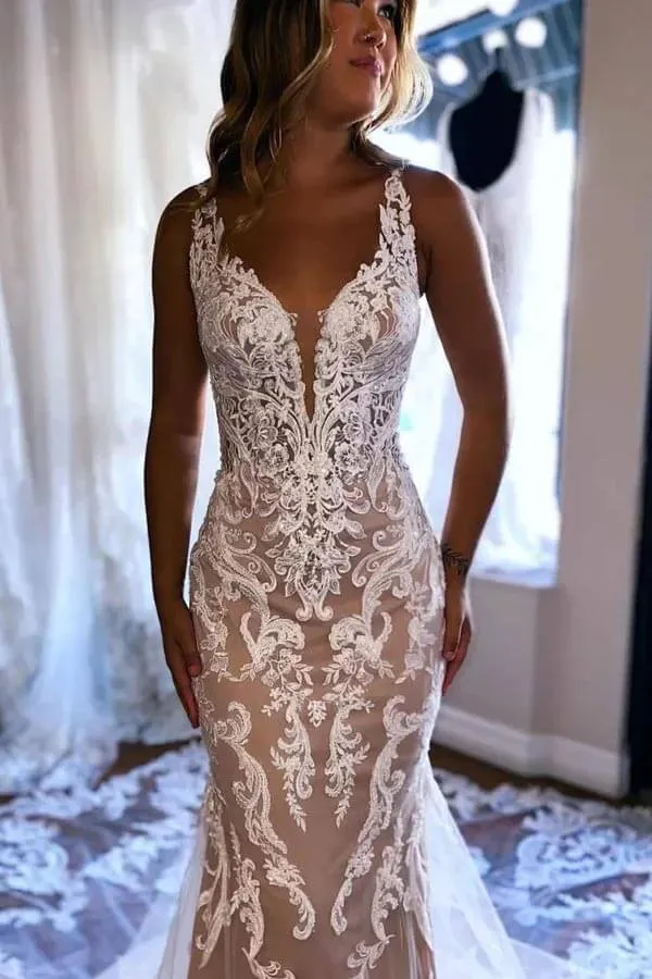 Gorgeous Tulle Mermaid Deep V-neck Wedding Dresses With Appliques, MW1090