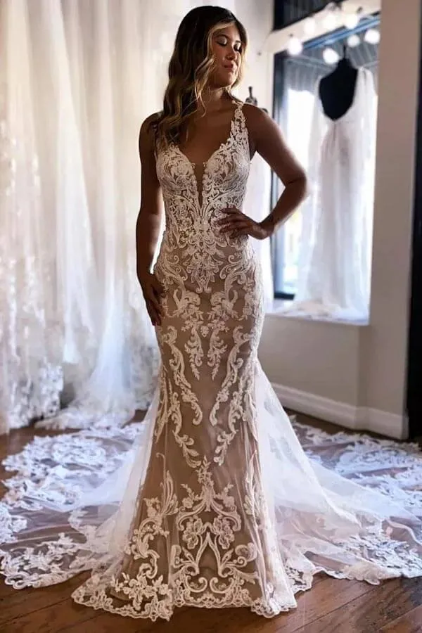 Gorgeous Tulle Mermaid Deep V-neck Wedding Dresses With Appliques, MW1090