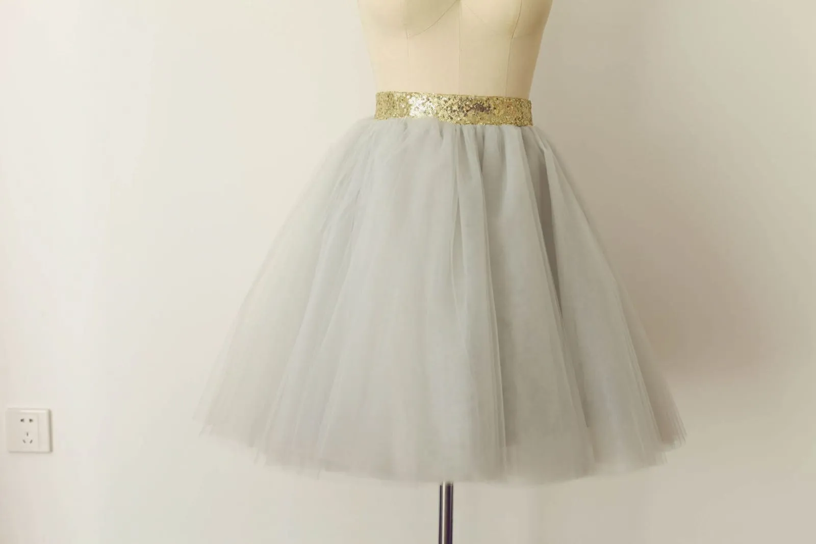 Gray / Pink Tulle Sequin Belt Skirt / Short Woman Skirt