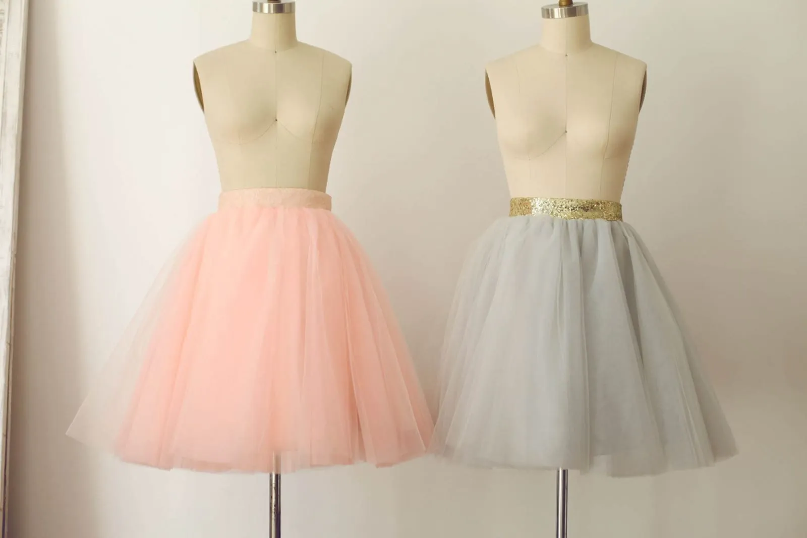 Gray / Pink Tulle Sequin Belt Skirt / Short Woman Skirt