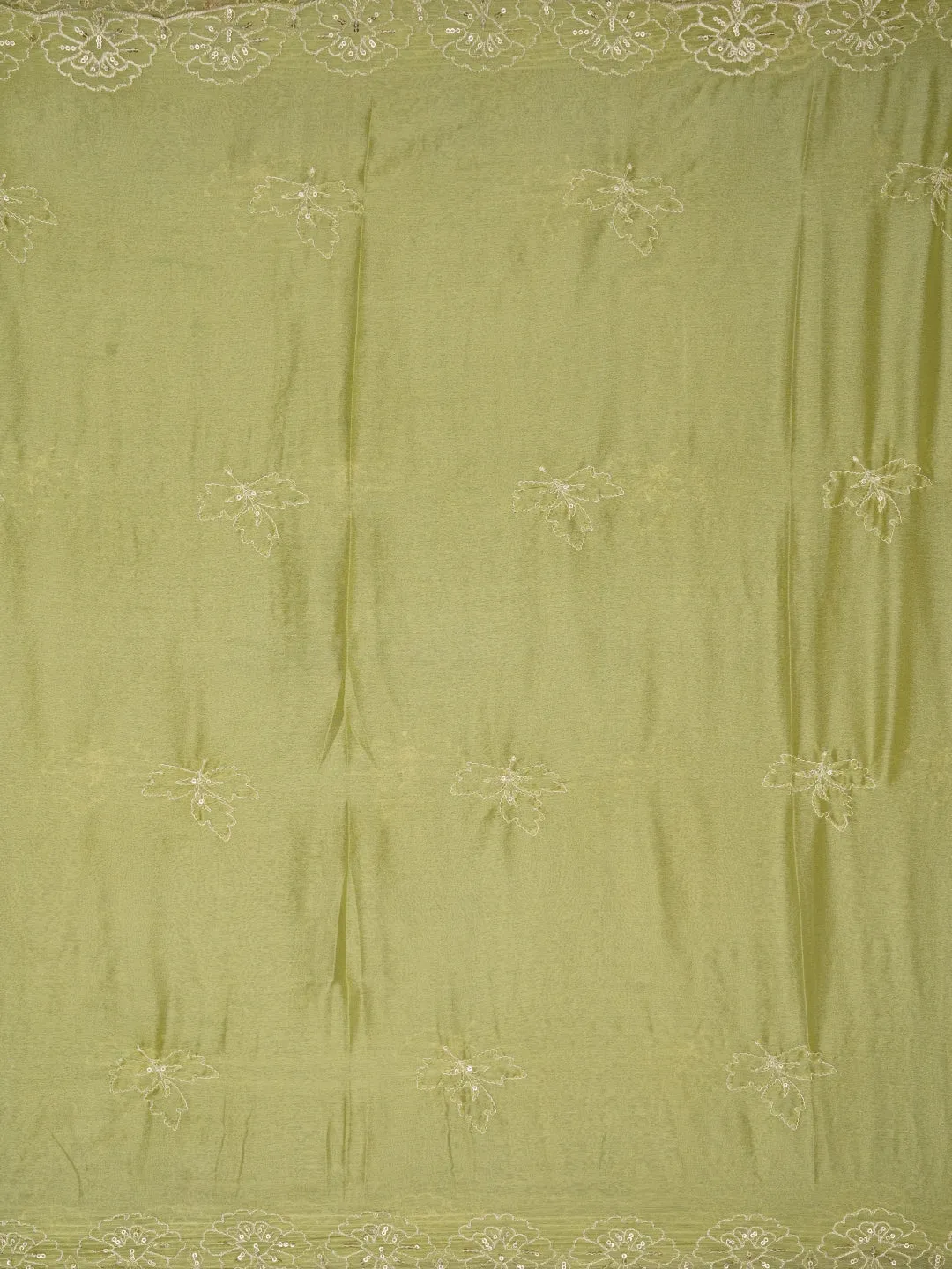 Green Sequin Embellished Floral Printed Cotton Dress Material with Dupatta