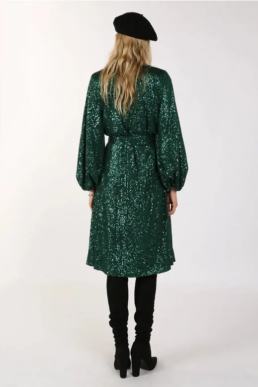 Green Sequin V-Neck Tie Waist Midi Dress