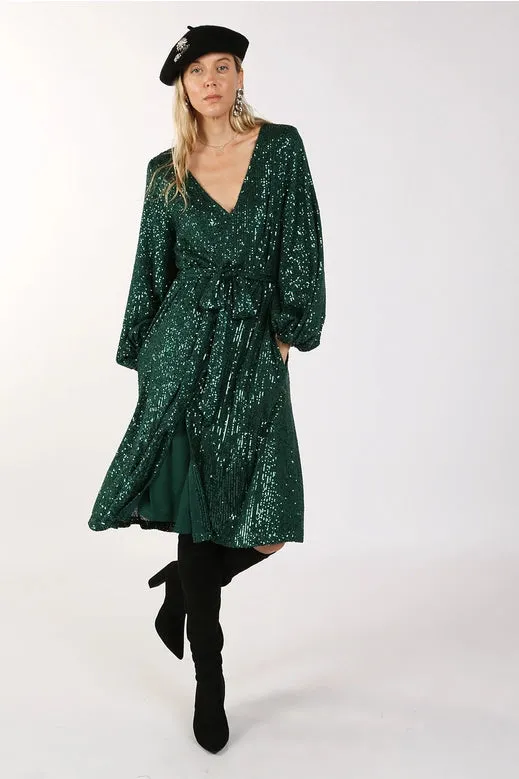 Green Sequin V-Neck Tie Waist Midi Dress