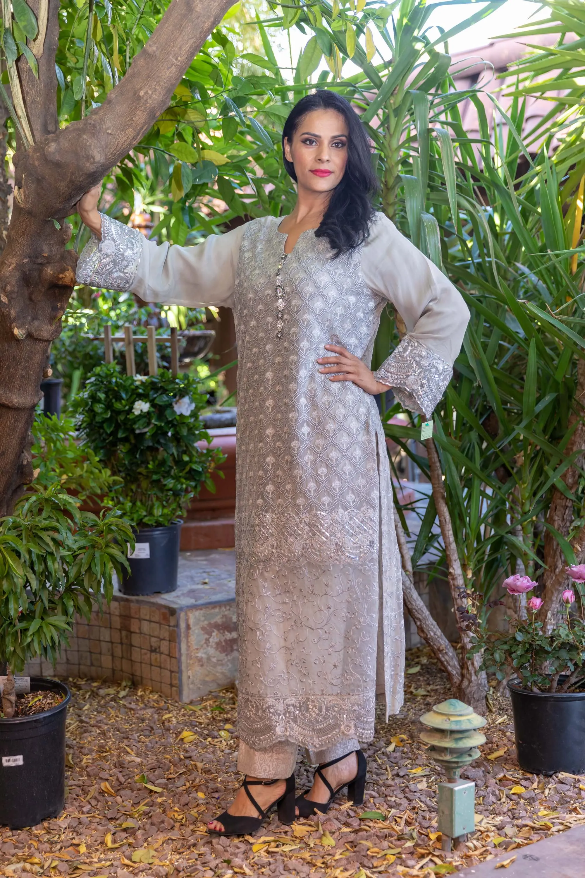 Grey Chiffon Embroidery Suit with Full Embroidery Scarf