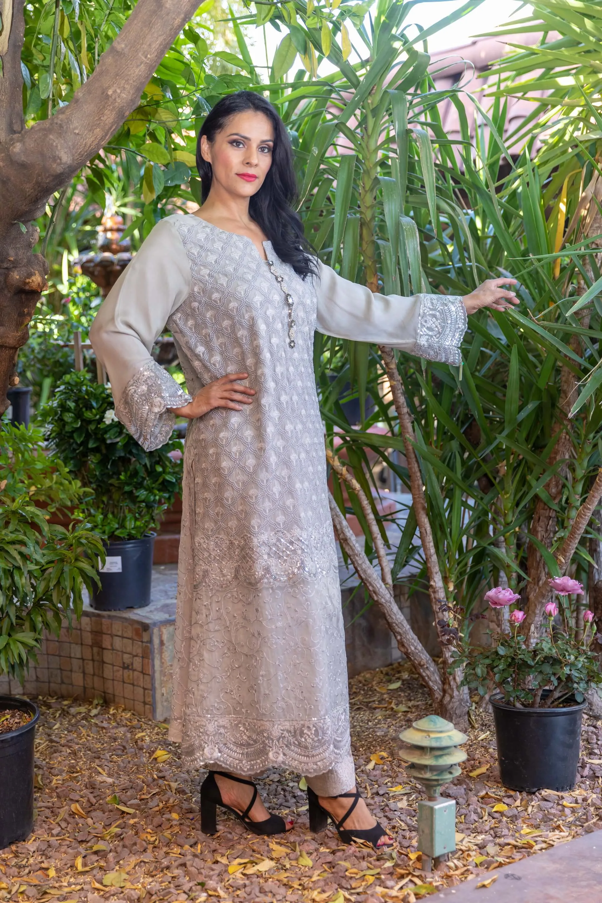 Grey Chiffon Embroidery Suit with Full Embroidery Scarf