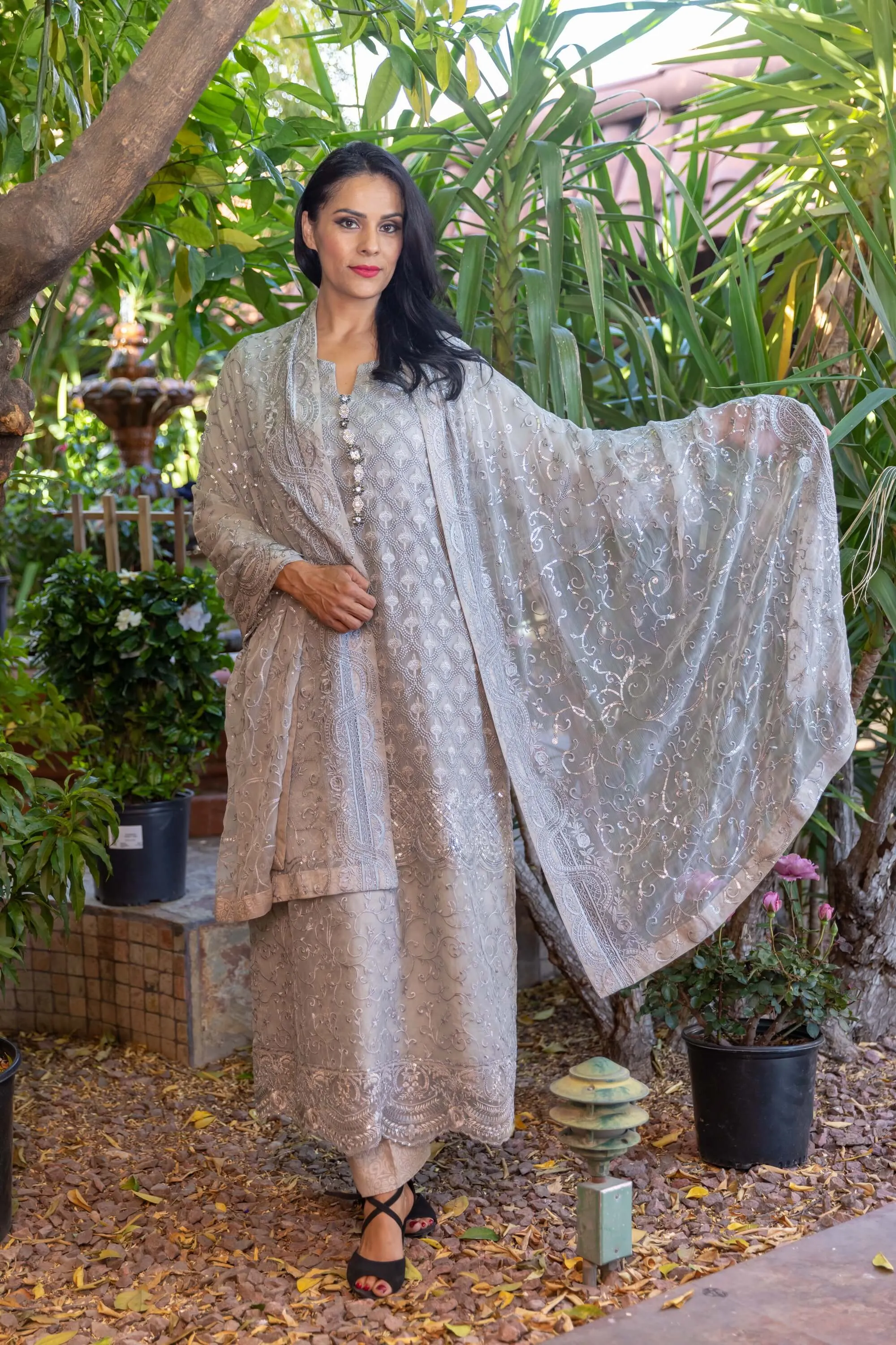 Grey Chiffon Embroidery Suit with Full Embroidery Scarf