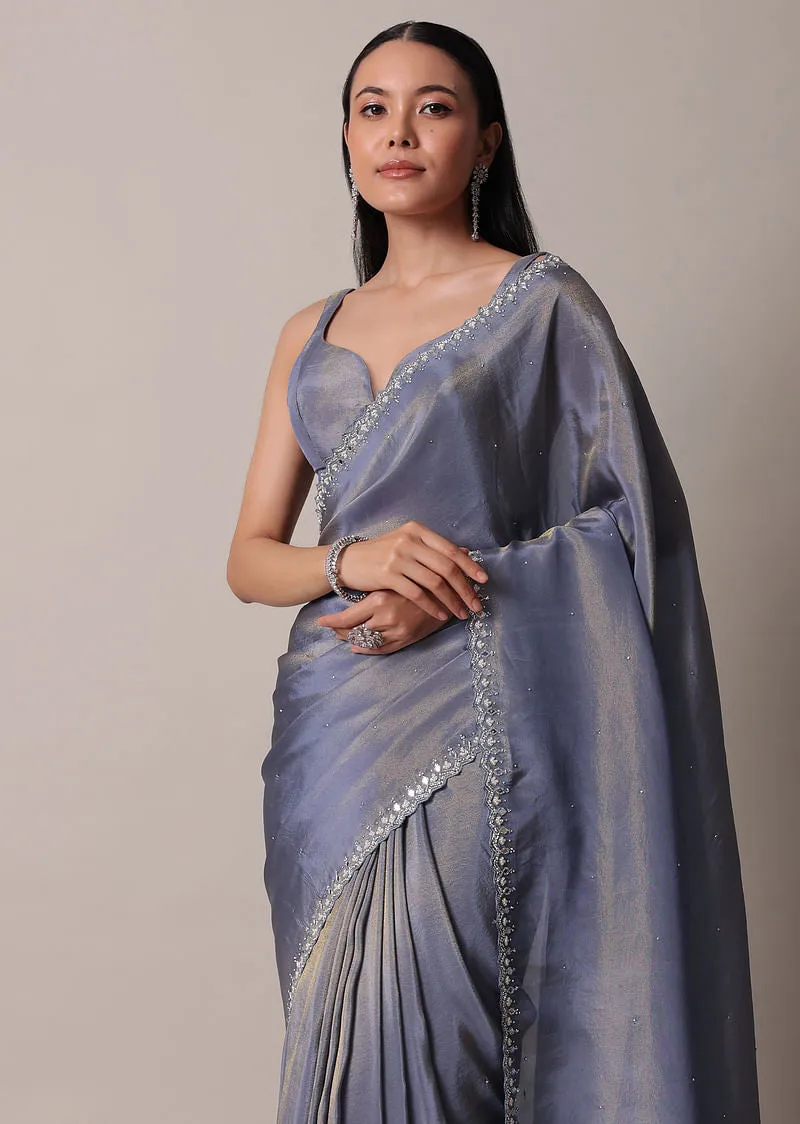 Grey Glass Tissue Saree With Mirror Work Border